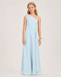 Baby Blue Junior Bridesmaid Dress One-Shoulder Chiffon A-Line Gown Front View