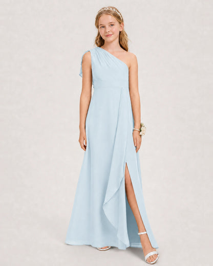 Baby Blue Junior Bridesmaid Dress One-Shoulder Chiffon A-Line Gown Side View