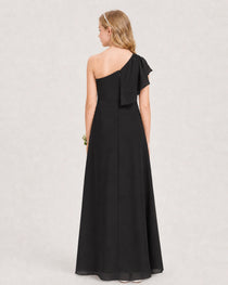 Black Junior Bridesmaid Dress One-Shoulder Chiffon A-Line Gown  Back View