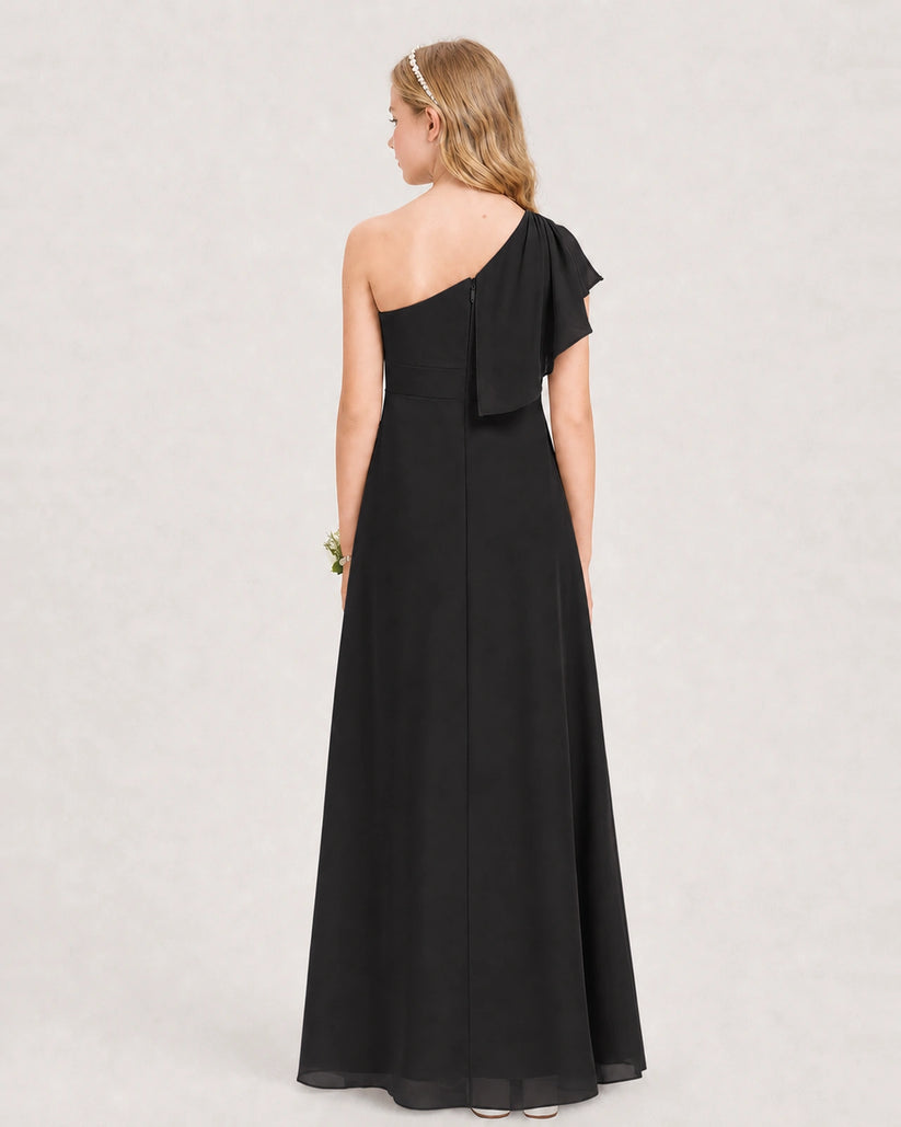 Black Chiffon A-line Junior Bridesmaid Dress Back View