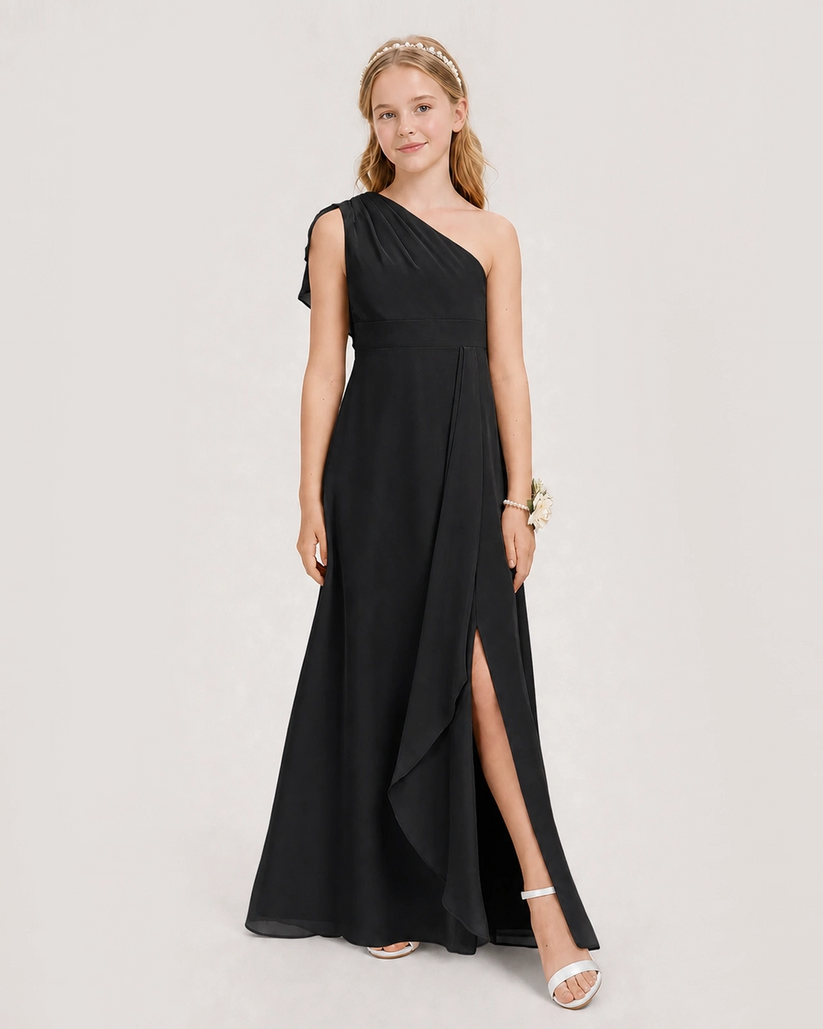 Black Chiffon A-line Junior Bridesmaid Dress Front View