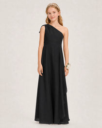 Baby Blue Junior Bridesmaid Dress One-Shoulder Chiffon A-Line Gown Front View