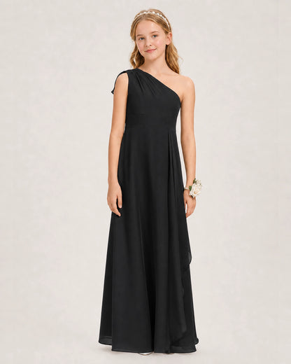Baby Blue Junior Bridesmaid Dress One-Shoulder Chiffon A-Line Gown Front View