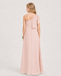 Blush Pink Junior Bridesmaid Dress One-Shoulder Chiffon A-Line Gown Back View