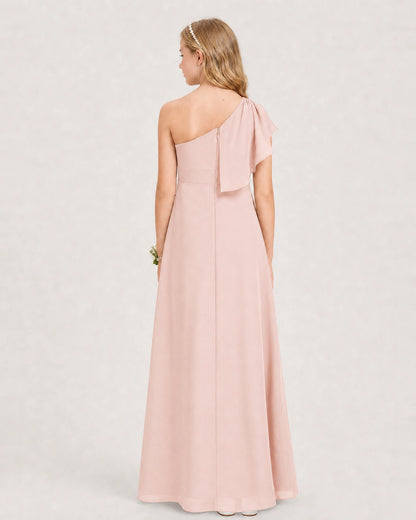 Blush Pink Junior Bridesmaid Dress One-Shoulder Chiffon A-Line Gown Back View