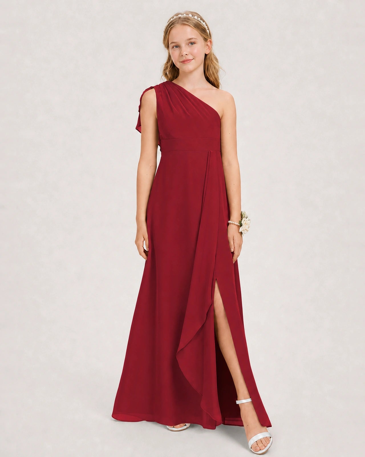 Burgundy Junior Bridesmaid Dress One-Shoulder Chiffon A-Line Gown Side View