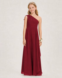Burgundy Junior Bridesmaid Dress One-Shoulder Chiffon A-Line Gown Front View