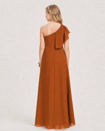 Burnt OrangeJunior Bridesmaid Dress One-Shoulder Chiffon A-Line Gown Back View