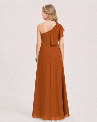 Burnt OrangeJunior Bridesmaid Dress One-Shoulder Chiffon A-Line Gown Back View