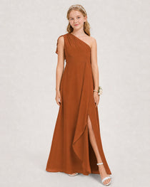Burnt Orange Junior Bridesmaid Dress One-Shoulder Chiffon A-Line Gown Side View