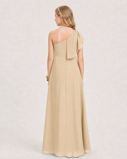 Champagne Junior Bridesmaid Dress One-Shoulder Chiffon A-Line Gown Back View