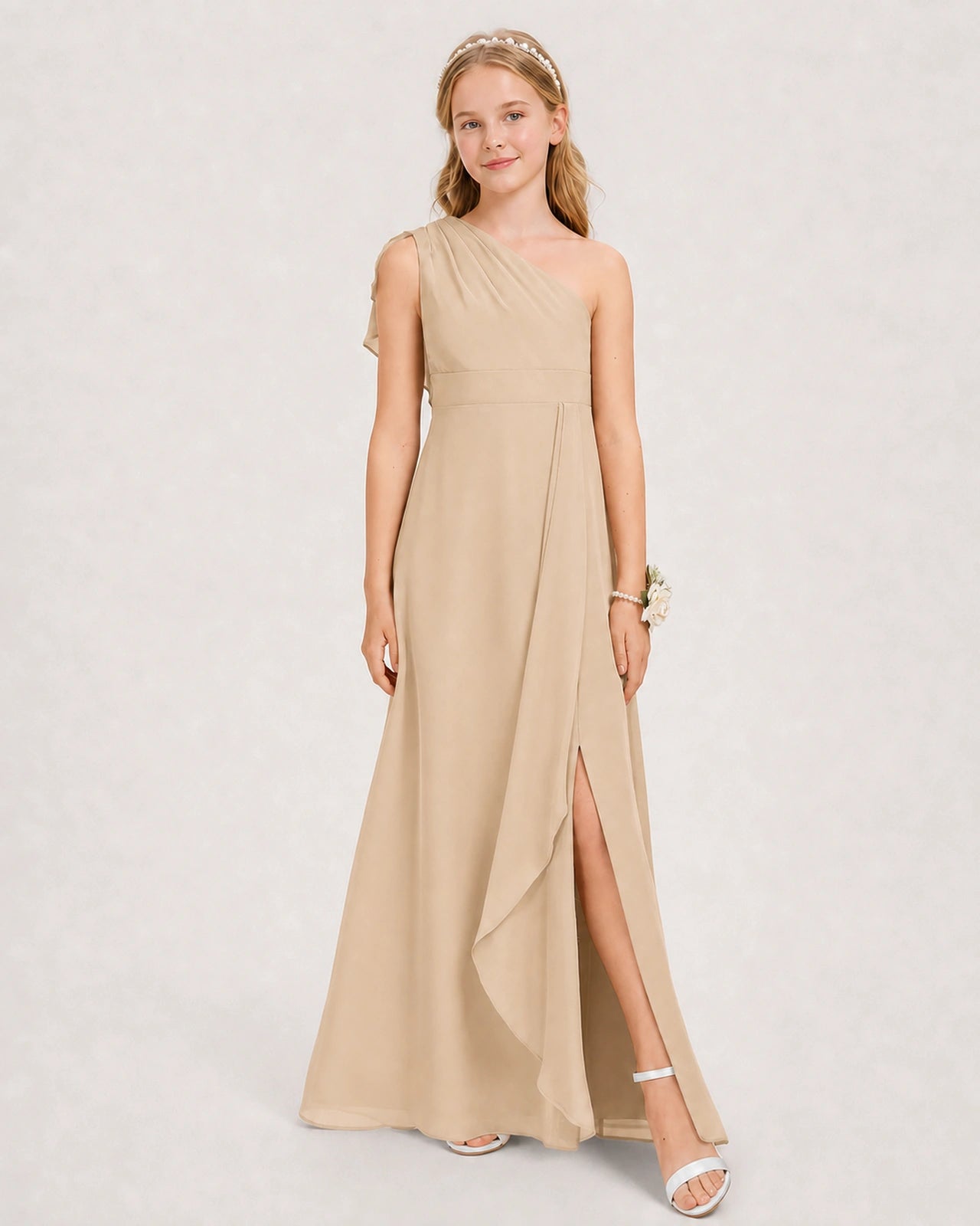 Champagne Junior Bridesmaid Dress One-Shoulder Chiffon A-Line Gown Side View