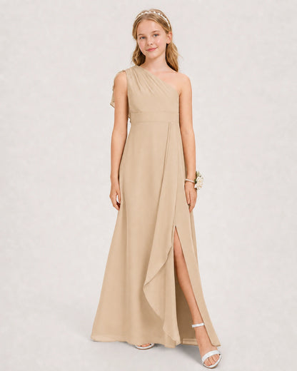Champagne Junior Bridesmaid Dress One-Shoulder Chiffon A-Line Gown Side View