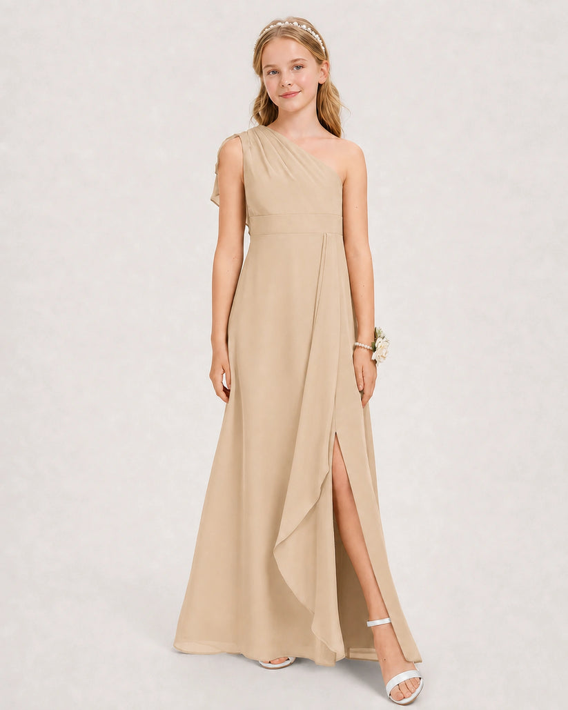 Champagne Chiffon A-line Junior Bridesmaid Dress Front View