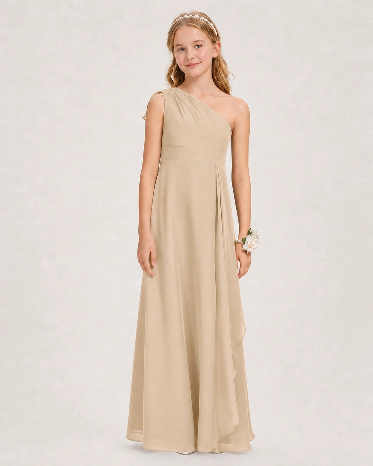 Champagne Junior Bridesmaid Dress One-Shoulder Chiffon A-Line Gown Front View