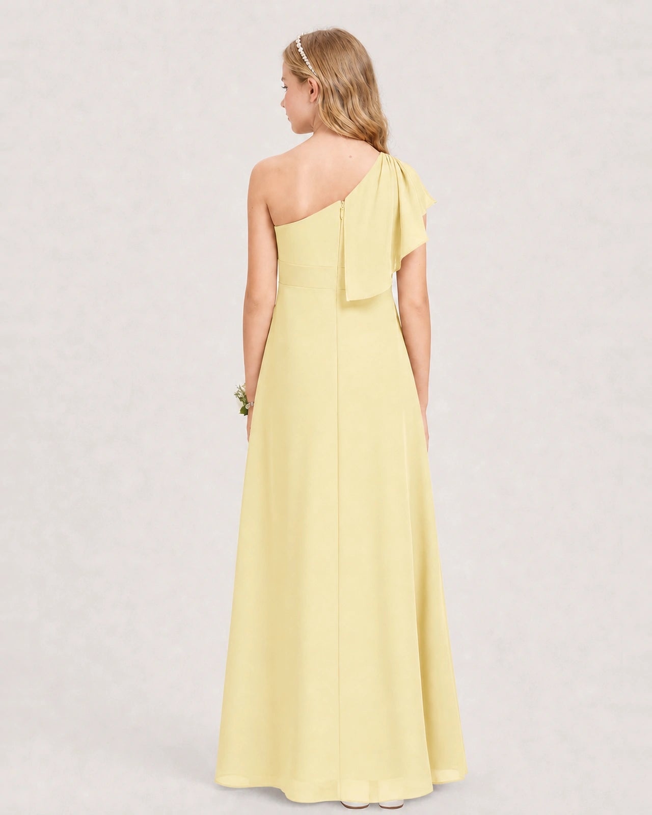 Daffodil Junior Bridesmaid Dress One-Shoulder Chiffon A-Line Gown Back View