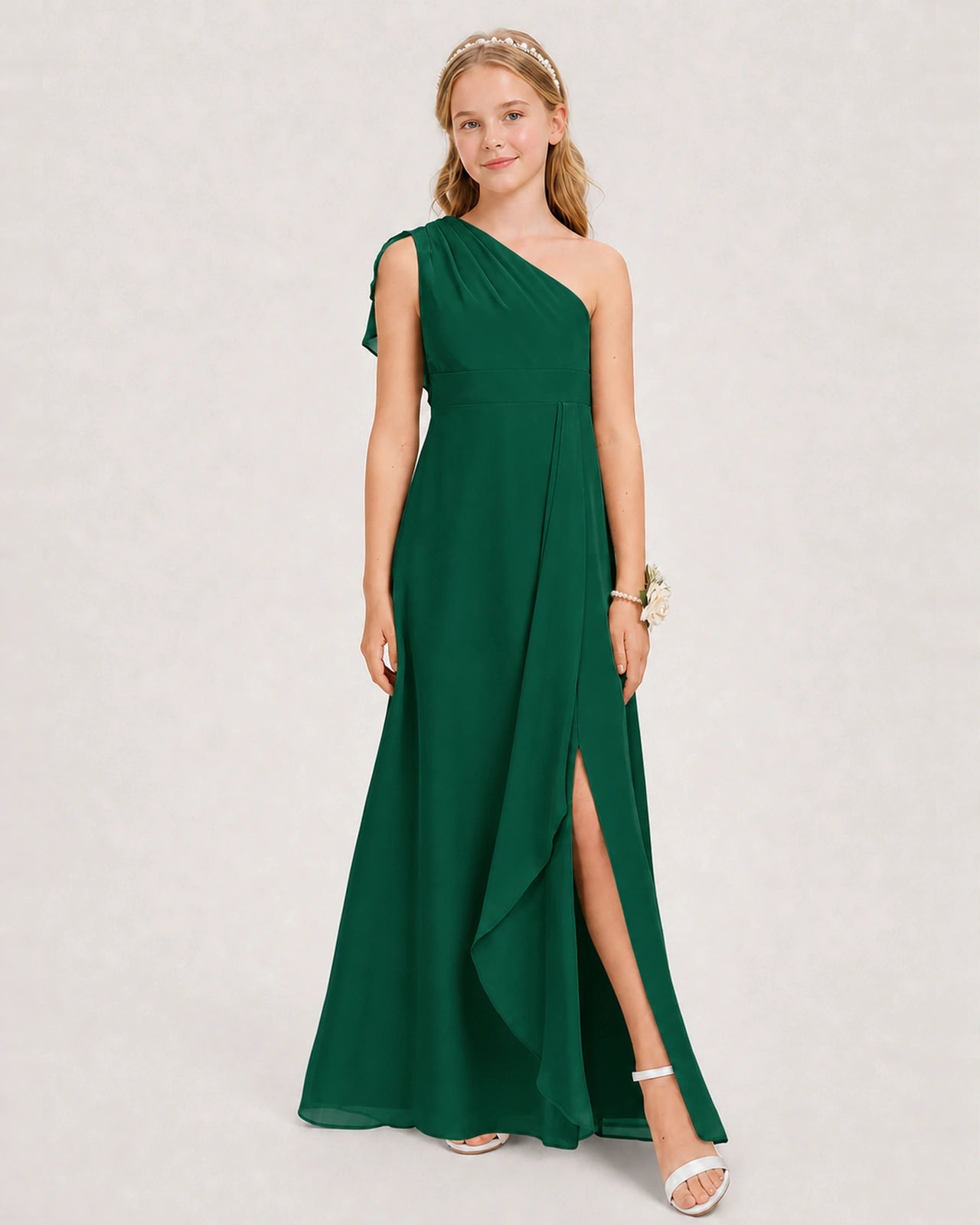 Dark Green Junior Bridesmaid Dress One-Shoulder Chiffon A-Line Gown Side View 
