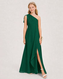 Dark Green Junior Bridesmaid Dress One-Shoulder Chiffon A-Line Gown Side View 