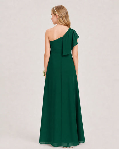 Dark Green Junior Bridesmaid Dress One-Shoulder Chiffon A-Line Gown Back View