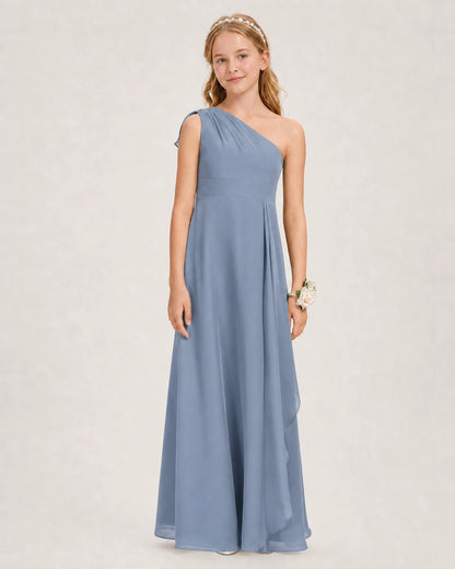 Dusty Blue Junior Bridesmaid Dress One-Shoulder Chiffon A-Line Gown Front View