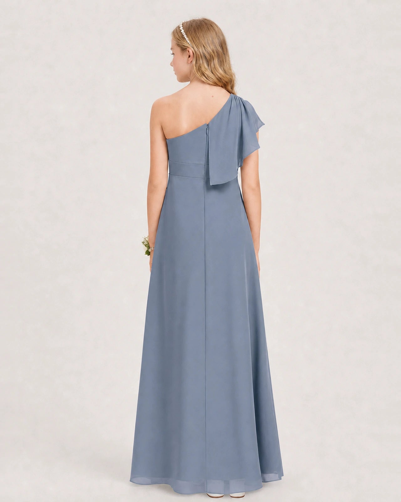 Dusty Blue Junior Bridesmaid Dress One-Shoulder Chiffon A-Line Gown Back View 