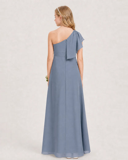 Dusty Blue Junior Bridesmaid Dress One-Shoulder Chiffon A-Line Gown Back View 