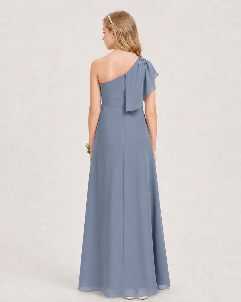 Dusty Blue Chiffon A-line Junior Bridesmaid Dress Back View