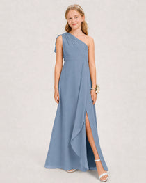 Dusty Blue Junior Bridesmaid Dress One-Shoulder Chiffon A-Line Gown Side View