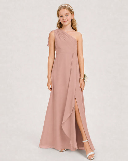 Dusty Rose Junior Bridesmaid Dress One-Shoulder Chiffon A-Line Gown Side View 