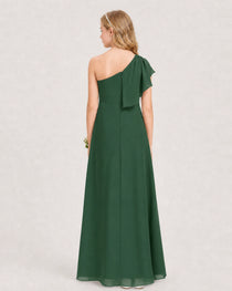 Emerald Green Junior Bridesmaid Dress One-Shoulder Chiffon A-Line Gown Back View