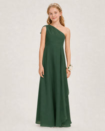 Emerald Green Junior Bridesmaid Dress One-Shoulder Chiffon A-Line Gown Front View