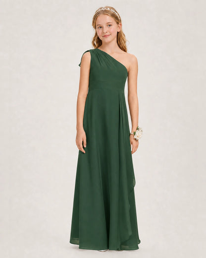 Emerald Green Junior Bridesmaid Dress One-Shoulder Chiffon A-Line Gown Front View