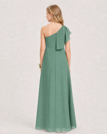 Eucalyptus Junior Bridesmaid Dress One-Shoulder Chiffon A-Line Gown Back View 