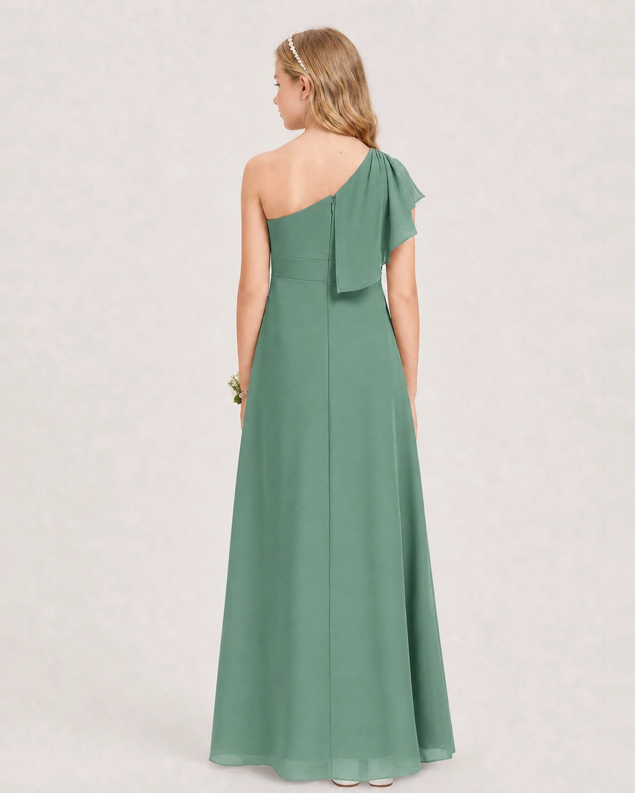Eucalyptus Junior Bridesmaid Dress One-Shoulder Chiffon A-Line Gown Back View 