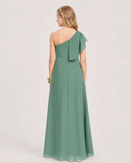 Eucalyptus Junior Bridesmaid Dress One-Shoulder Chiffon A-Line Gown Back View 