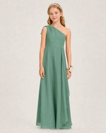 Eucalyptus Junior Bridesmaid Dress One-Shoulder Chiffon A-Line Gown Front View