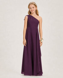 Grape Junior Bridesmaid Dress One-Shoulder Chiffon A-Line Gown Front View