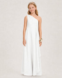 Ivory Junior Bridesmaid Dress One-Shoulder Chiffon A-Line Gown Front View