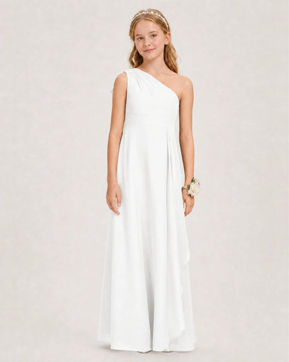 Ivory Junior Bridesmaid Dress One-Shoulder Chiffon A-Line Gown Front View