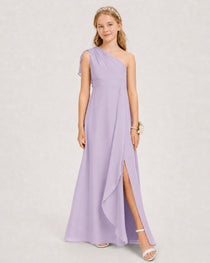 Lavender Junior Bridesmaid Dress One-Shoulder Chiffon A-Line Gown Side View