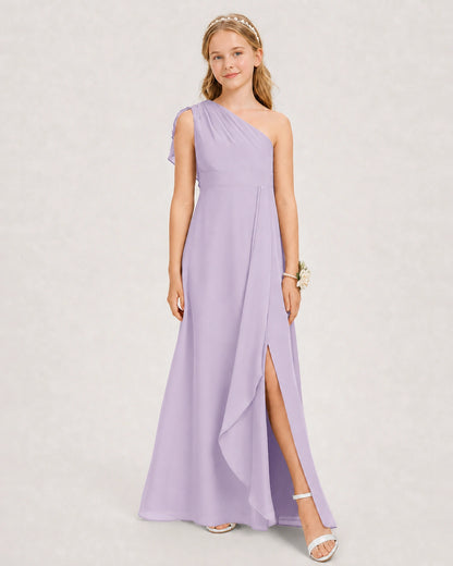 Lavender Junior Bridesmaid Dress One-Shoulder Chiffon A-Line Gown Side View