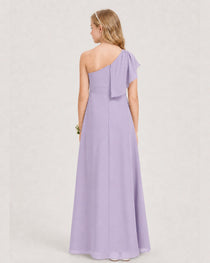 Lavender Junior Bridesmaid Dress One-Shoulder Chiffon A-Line Gown Back View