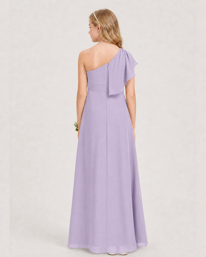 Lavender Junior Bridesmaid Dress One-Shoulder Chiffon A-Line Gown Back View