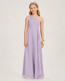 Lavender Junior Bridesmaid Dress One-Shoulder Chiffon A-Line Gown Front View