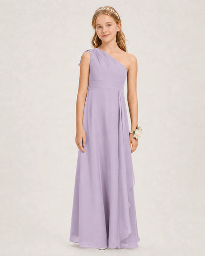 Lavender Junior Bridesmaid Dress One-Shoulder Chiffon A-Line Gown Front View