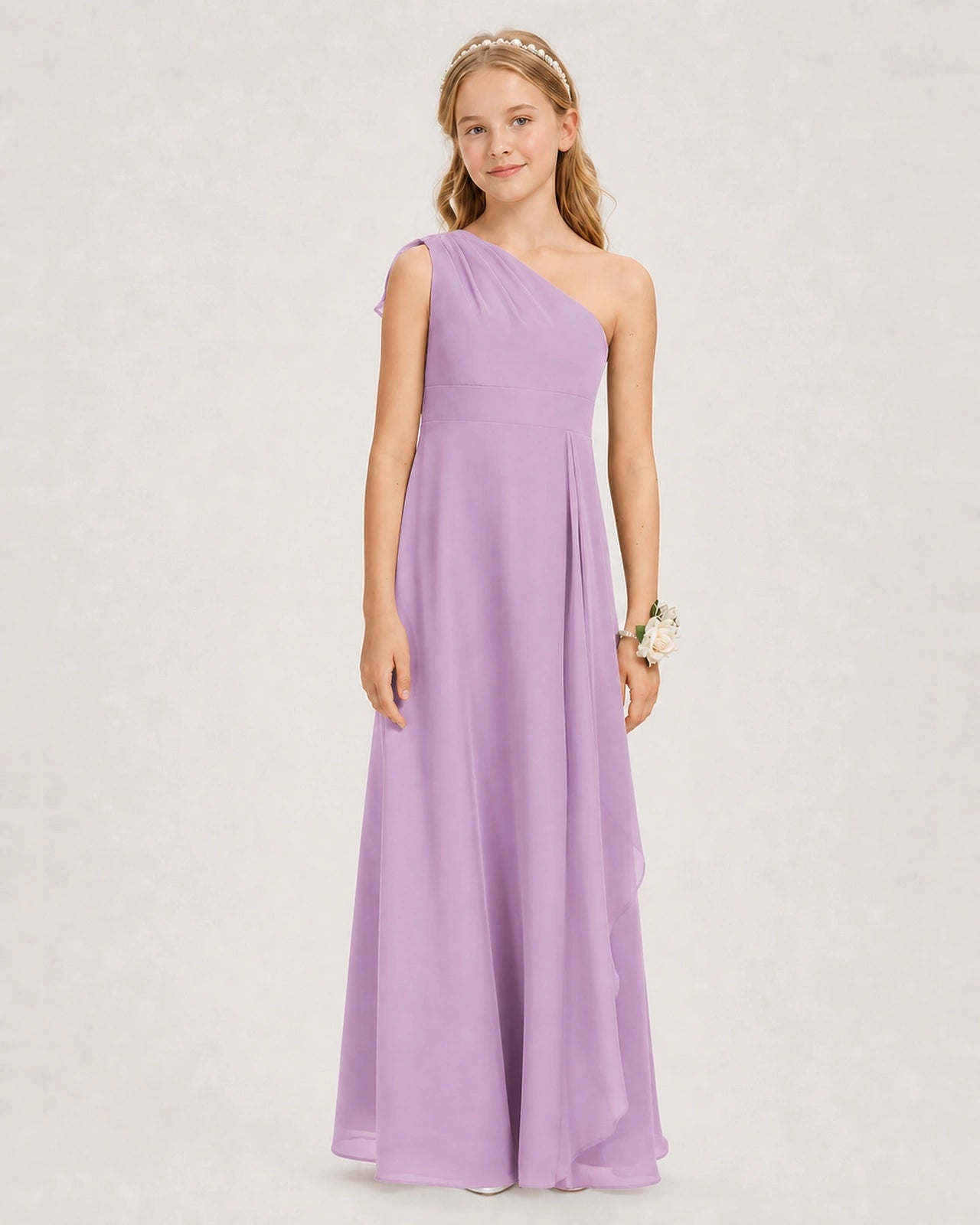 Lilac Junior Bridesmaid Dress One-Shoulder Chiffon A-Line Gown Front View