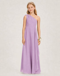 Lilac Junior Bridesmaid Dress One-Shoulder Chiffon A-Line Gown Front View
