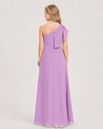 Lilac Junior Bridesmaid Dress One-Shoulder Chiffon A-Line Gown Back View