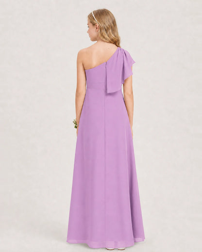 Lilac Junior Bridesmaid Dress One-Shoulder Chiffon A-Line Gown Back View