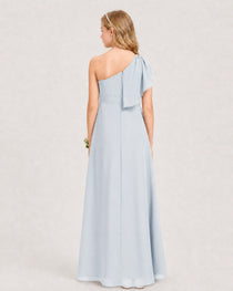 Mist Junior Bridesmaid Dress One-Shoulder Chiffon A-Line Gown Back View